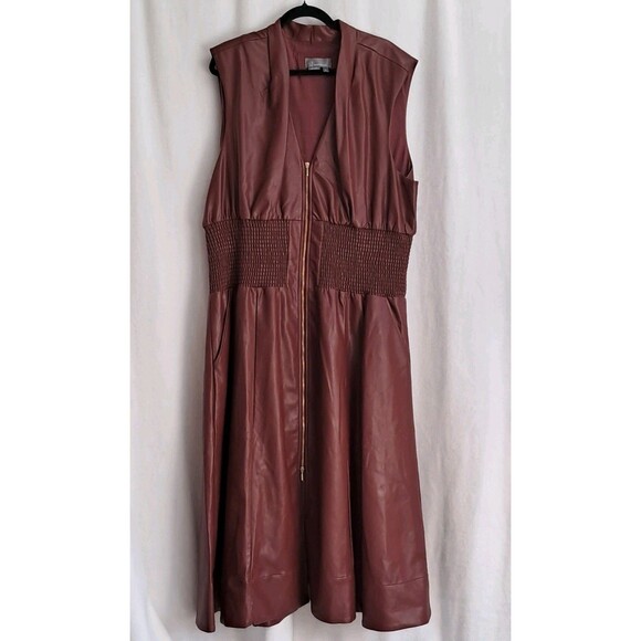 Anthropologie Tommie Faux Leather Smocked Front Zip Midi Dress Size 3X